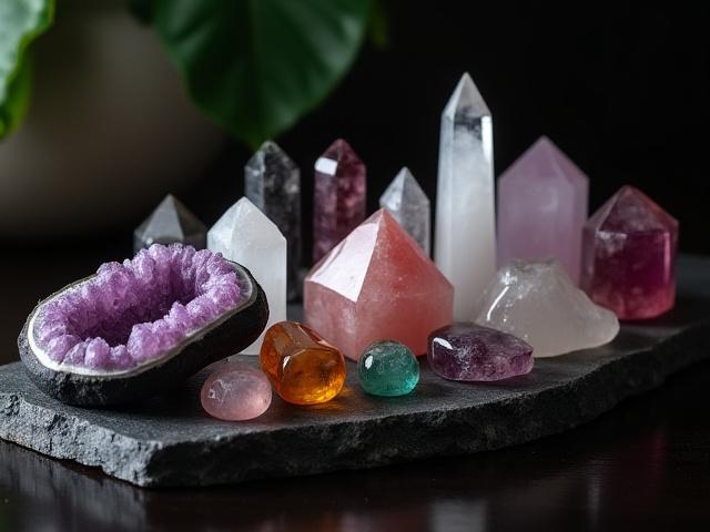 A display of various polished and raw gemstones and crystals on a dark wooden surface, shimmering under soft light.