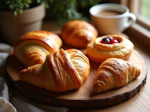 Artisanal pastries, including croissants and danishes, beautifully arranged on a rustic wooden board next to a cup of coffee.